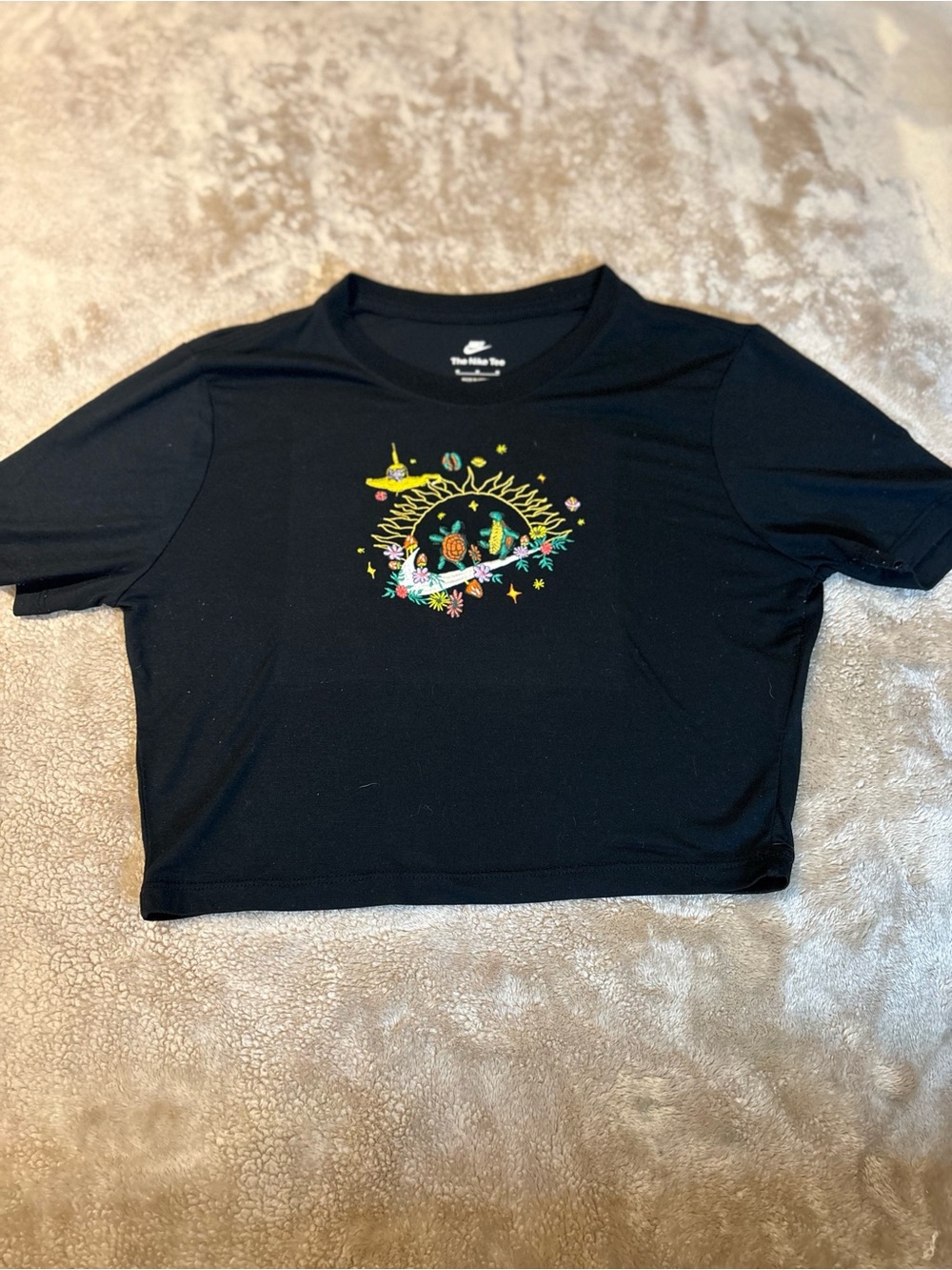 Nike Black Cropped Tee with Colorful Space Garden Graphic